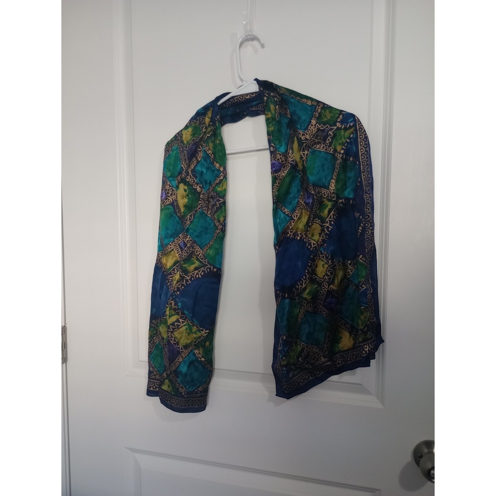 Perry Ellis Silk Scarf 15.5 x 58 Blue Green Abstract‎ Geometric Gold Border...